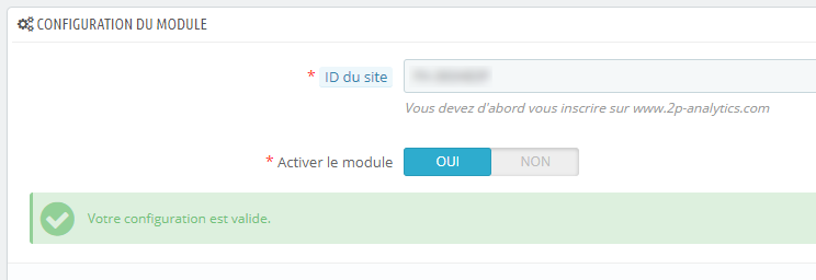 Page de configuration du module 2P Analytics