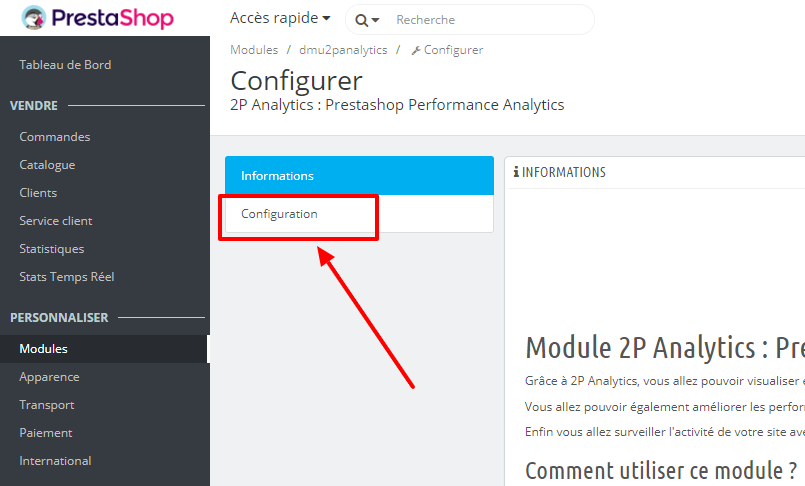 Page de configuration du module 2P Analytics